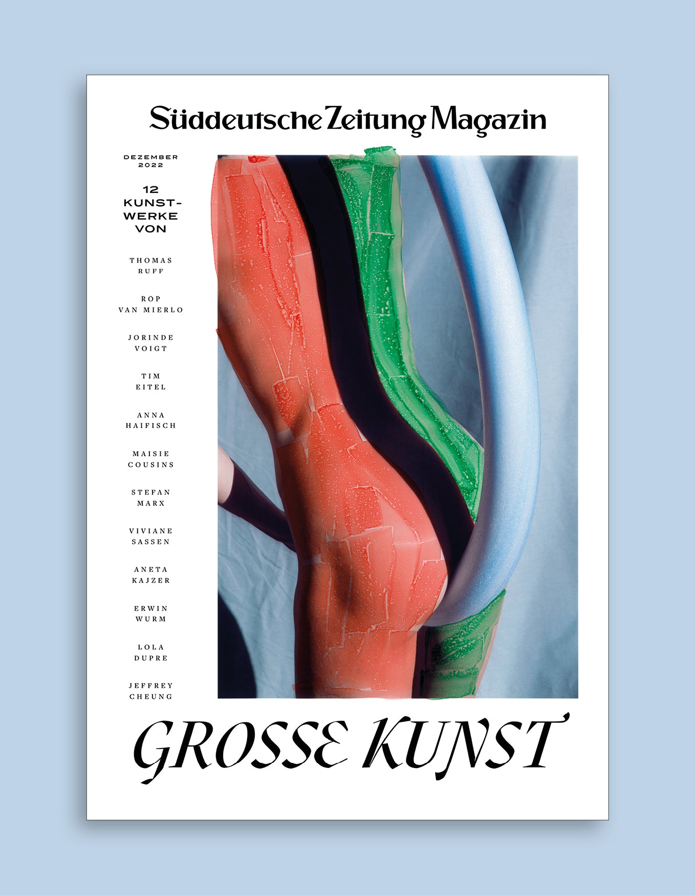 Titelseite des Süddeutsche Zeitung Magazins mit bunten abstrakten Skulpturen und einer Liste von Künstlernamen auf der linken Seite.