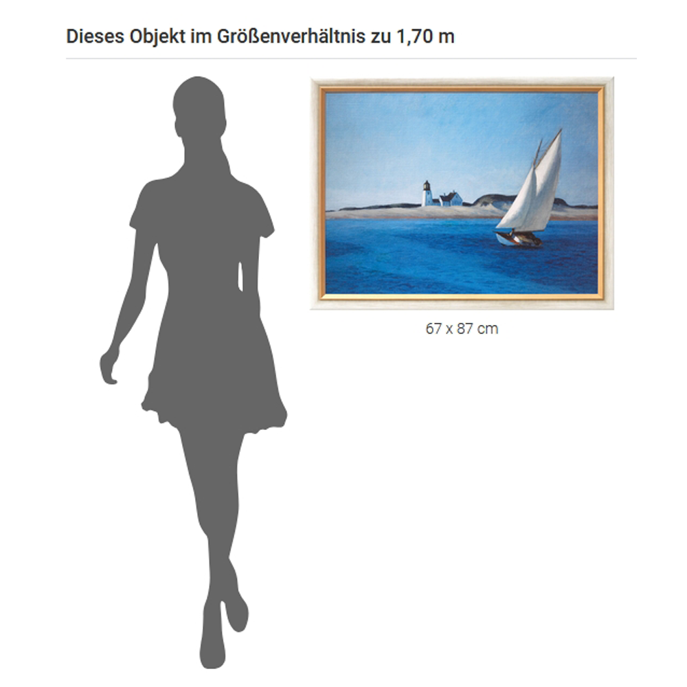 Ein gerahmtes Gemälde eines Segelboots und eines Leuchtturms, das zum Größenvergleich neben der Silhouette einer 1,7 m großen Person gezeigt wird.