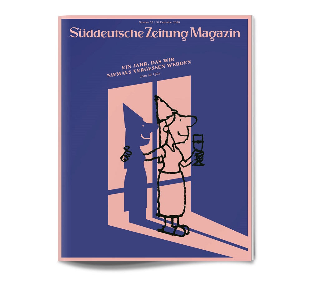 Eine Cartoon-Frau hält ein Weinglas und wirft einen Schatten, der hinter einer Tür auf dem Cover des Süddeutsche Zeitung Magazins winkt.