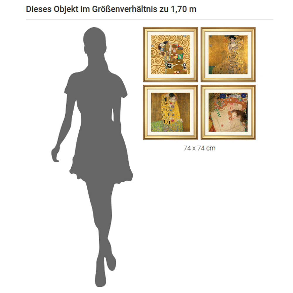 Silhouette einer Frau neben vier gerahmten Kunstdrucken mit den Maßen je 74 x 74 cm zum Größenvergleich.