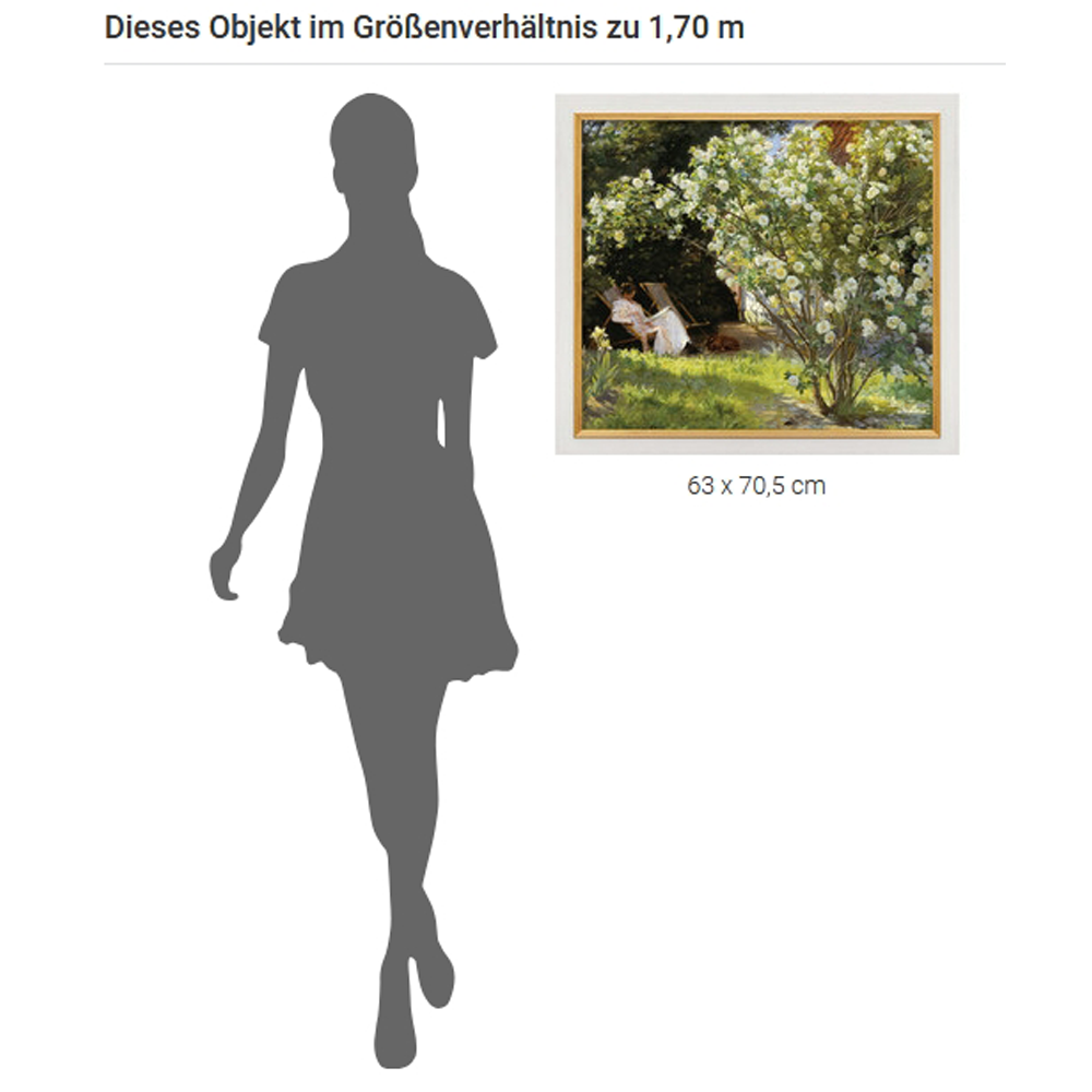 Ein gerahmtes Gemälde (63 x 70,5 cm) neben einer 1,7 m großen weiblichen Silhouette zum Größenvergleich.