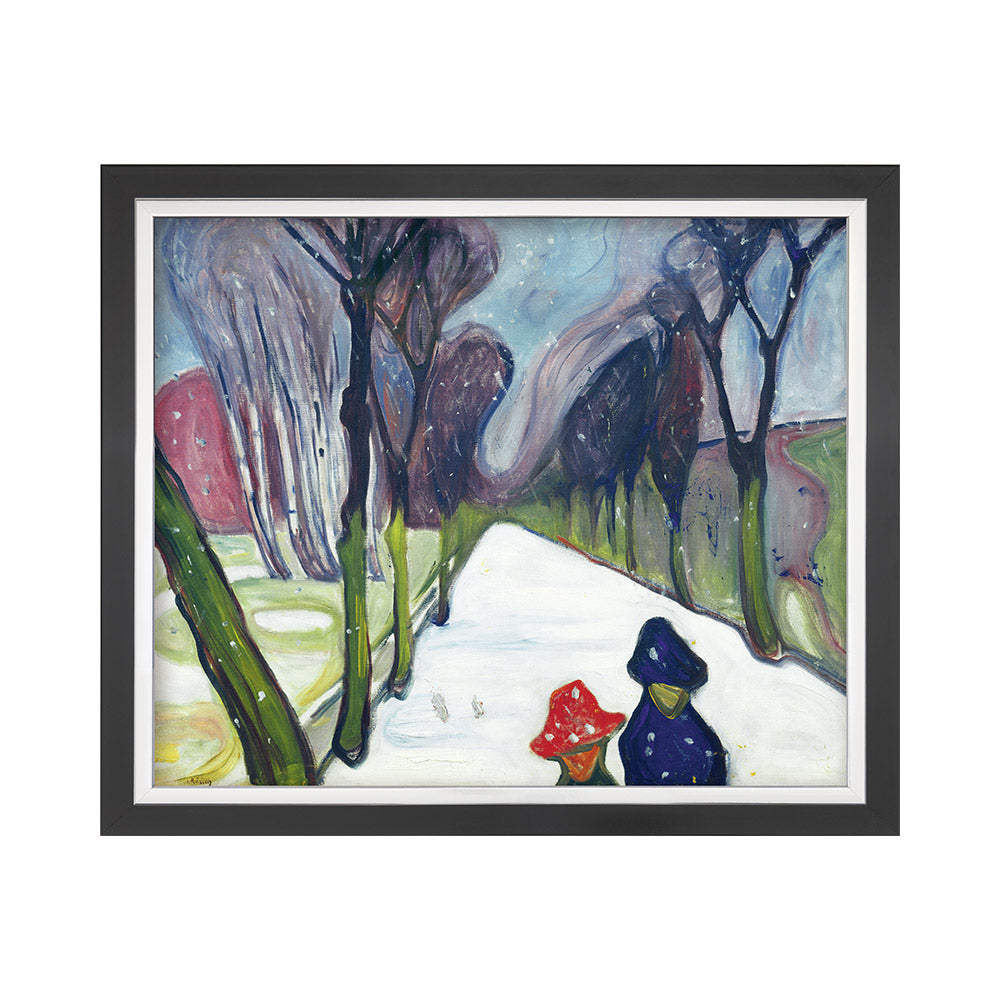 Gemälde von zwei Figuren, die auf einem verschneiten, von Bäumen gesäumten Pfad gehen, mit einer farbenfrohen Winterlandschaft im Hintergrund.