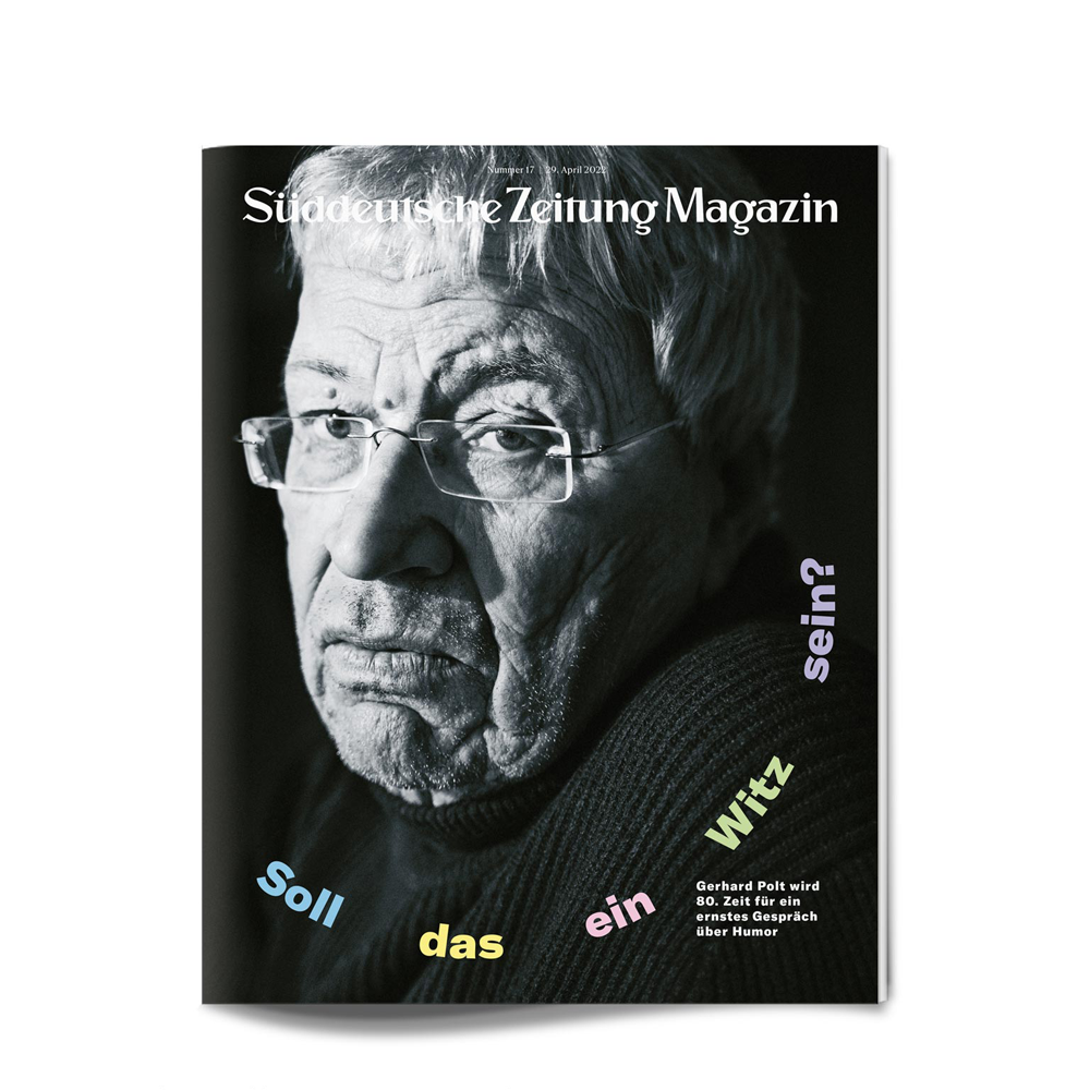 Älterer Mann mit Brille schaut auf dem Cover des Süddeutsche Zeitung Magazins ernst in die Kamera, bunter Text umgibt ihn.