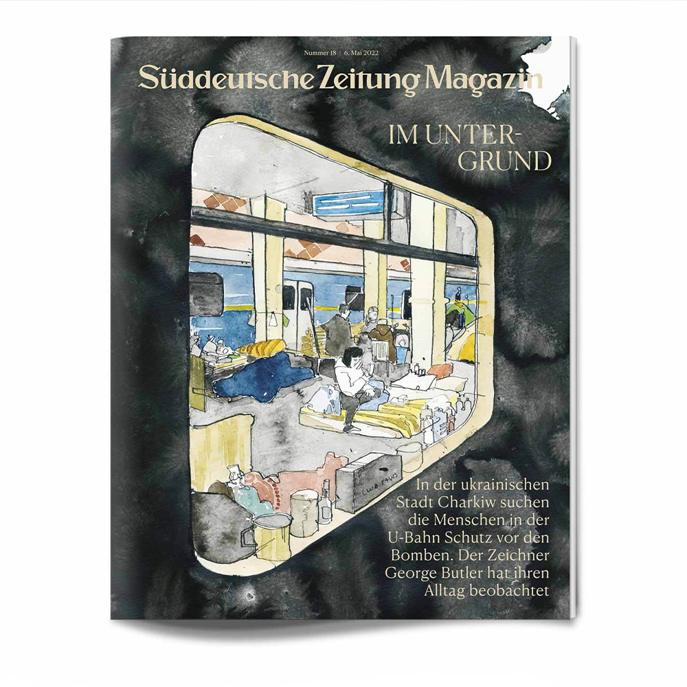 Die Titelseite des Süddeutsche Zeitung Magazins zeigt Menschen, die in einer U-Bahn-Station Schutz suchen, illustriert mit Aquarellfarben.