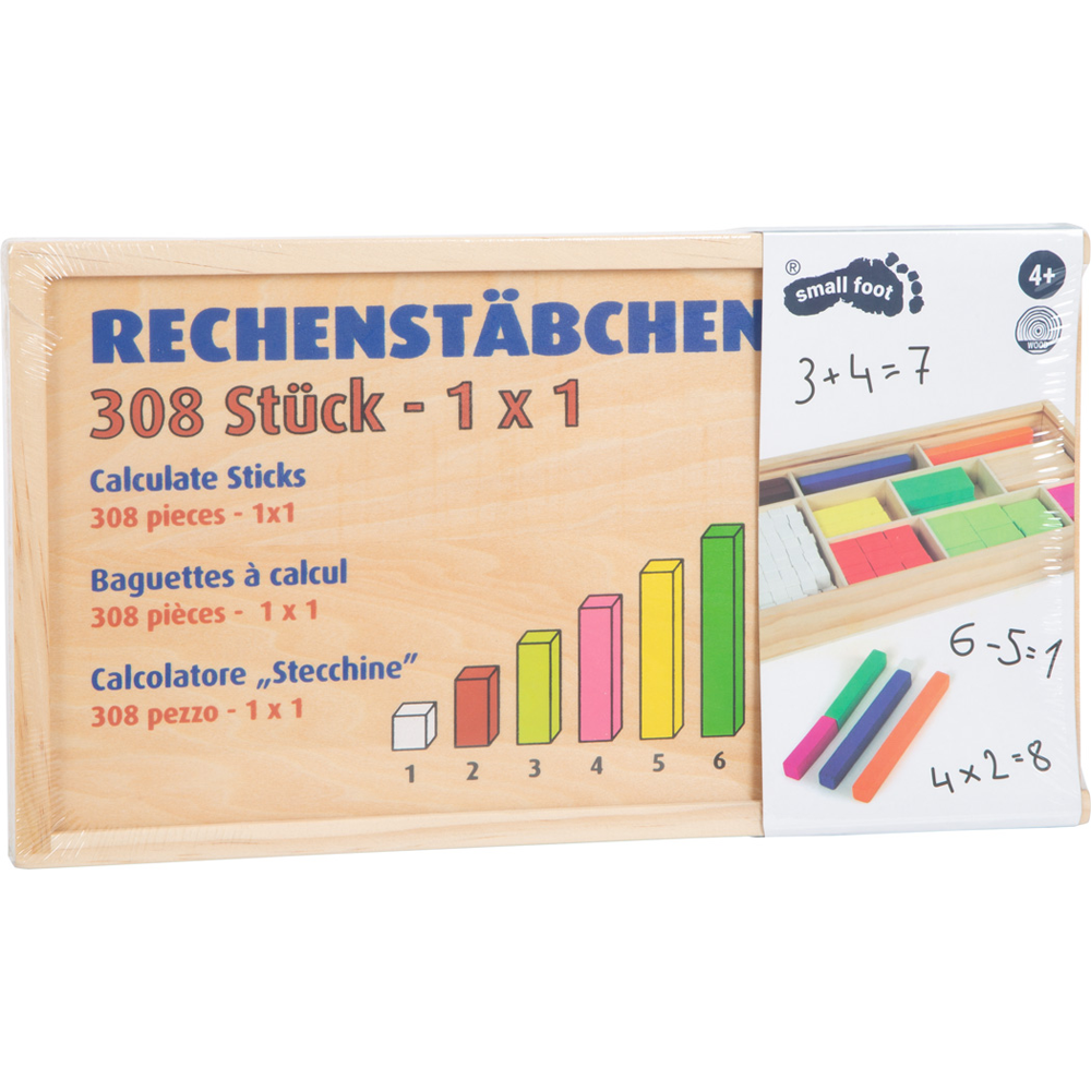 Lernbox Rechenstäbchen: Holzbox mit 308 bunten Rechenstäbchen für Mathematik, viersprachig beschriftet, geeignet für Kinder ab 4 Jahren.
