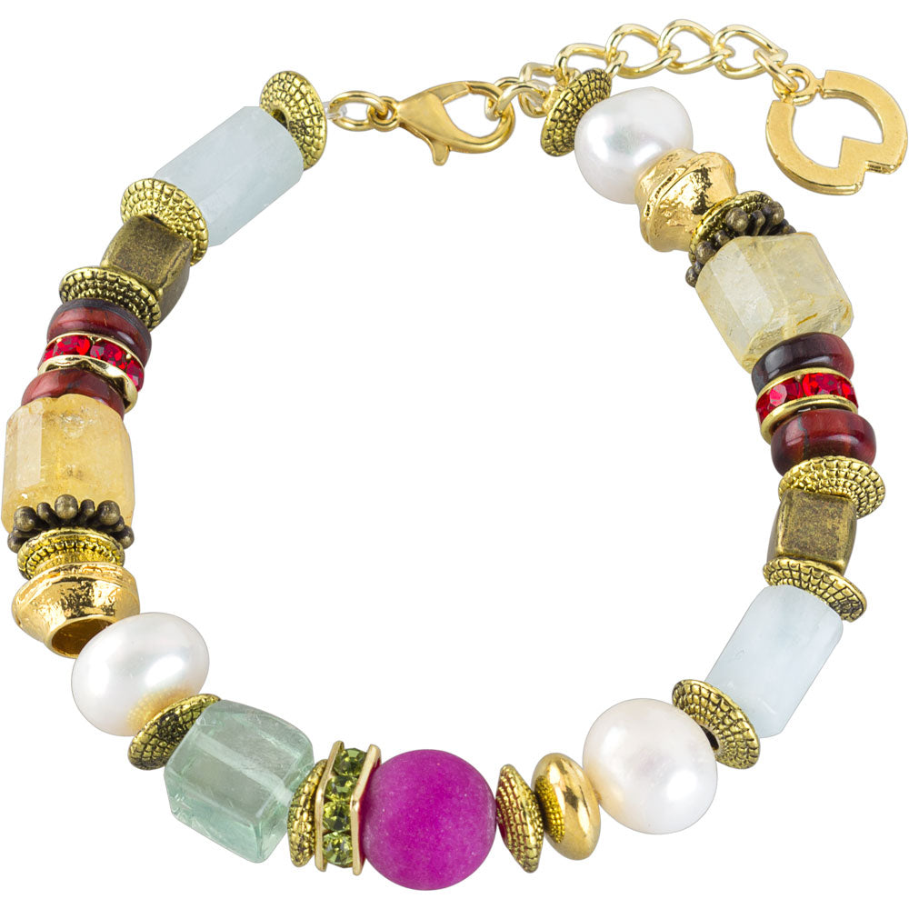 Buntes Perlenarmband mit goldenen, perlenfarbenen, roten, gelben, grünen und violetten Perlen und einem goldenen Kettenverschluss.