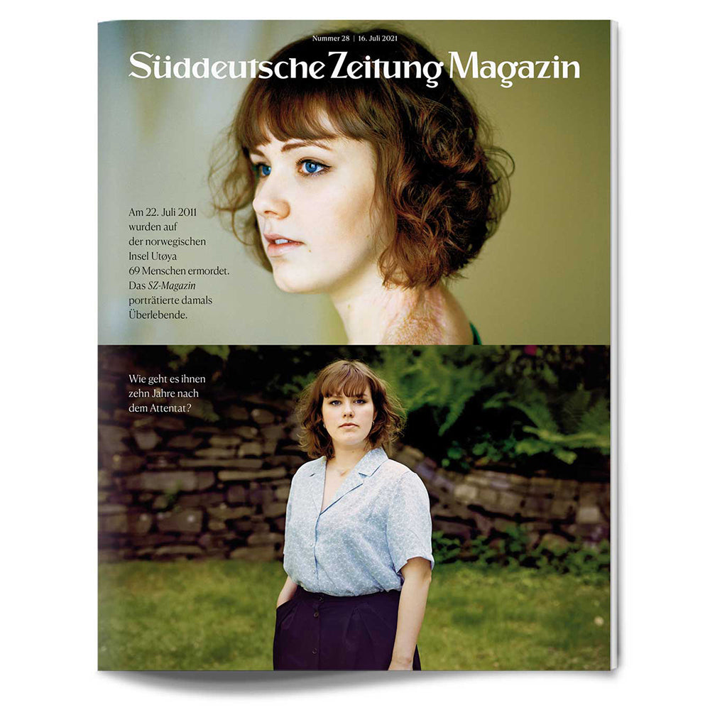 Die Titelseite eines Magazins zeigt oben das Porträt einer jungen Frau, unten steht sie im Freien, daneben steht ein deutscher Text.