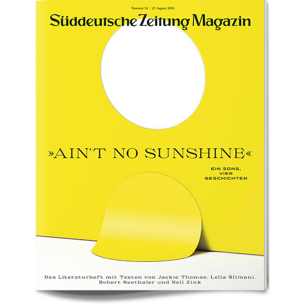 Magazinumschlag mit großen gelben Ausschnitten und dem Text Aint No Sunshine in fetten Buchstaben auf der Vorderseite.
