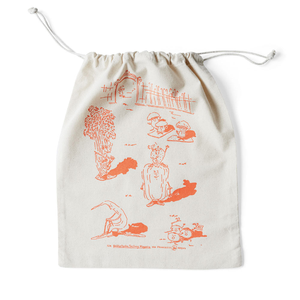 Beiger Kordelzugbeutel mit orangefarbenen Illustrationen von Gartenszenen und Menschen in verschiedenen Posen.