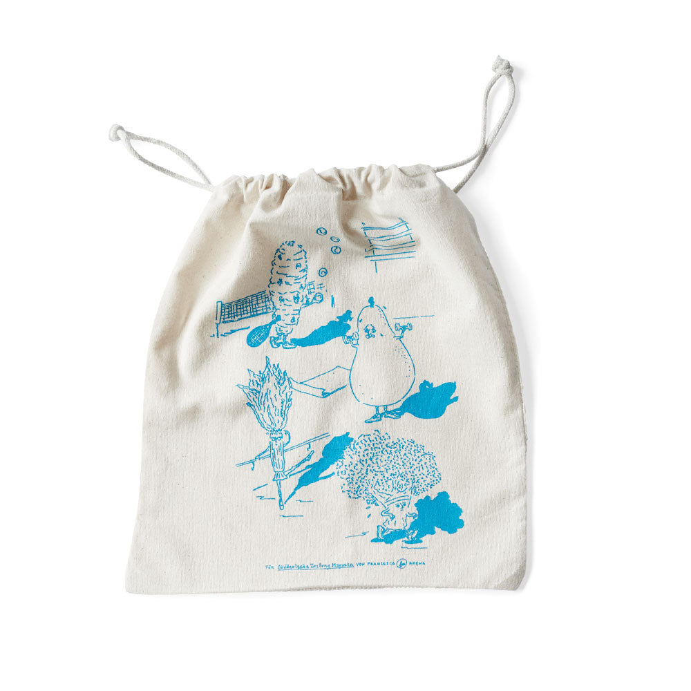 Kordelzugbeutel mit blauem Cartoon-Gemüse, das auf der Vorderseite liest, faulenzt und spielt.
