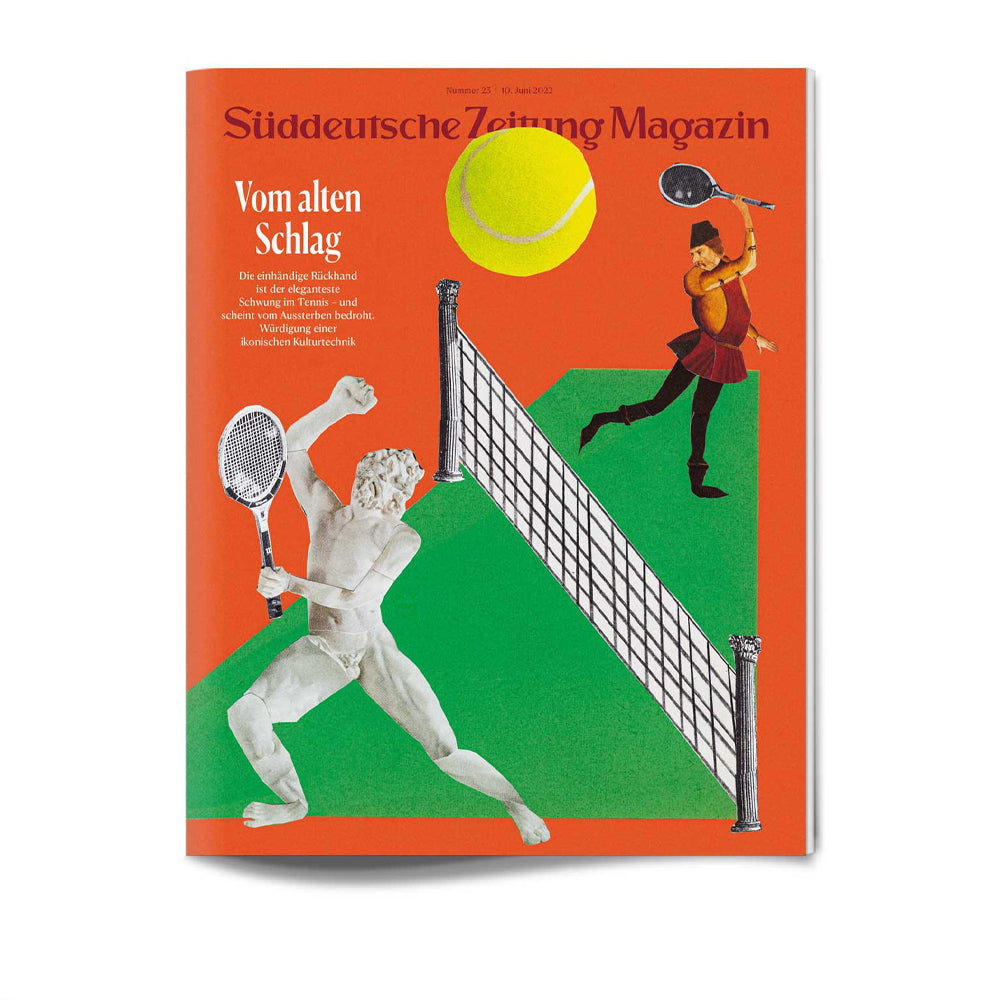 Titelbild einer Zeitschrift mit einem Tennisnetz, einer Marmorstatue und einer Tennis spielenden Frau, darüber ein großer Tennisball.
