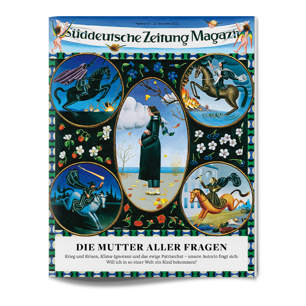 Die Titelseite des Süddeutsche Zeitung Magazins zeigt eine Frau, die von illustrierten mittelalterlichen Szenen und Blumen umgeben ist.