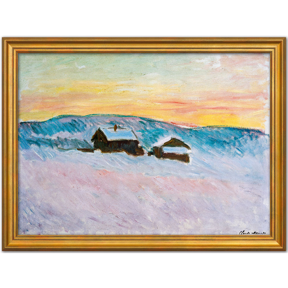 Gemälde von verschneiten Häusern bei Sonnenuntergang, mit buntem Himmel und Hügeln im Hintergrund, in Gold gerahmt.