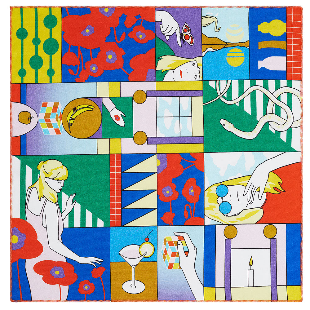 Bunte, abstrakte Collage mit Frauen, Blumen, einer Schlange, Zauberwürfeln und geometrischen Mustern in leuchtenden Farbtönen.