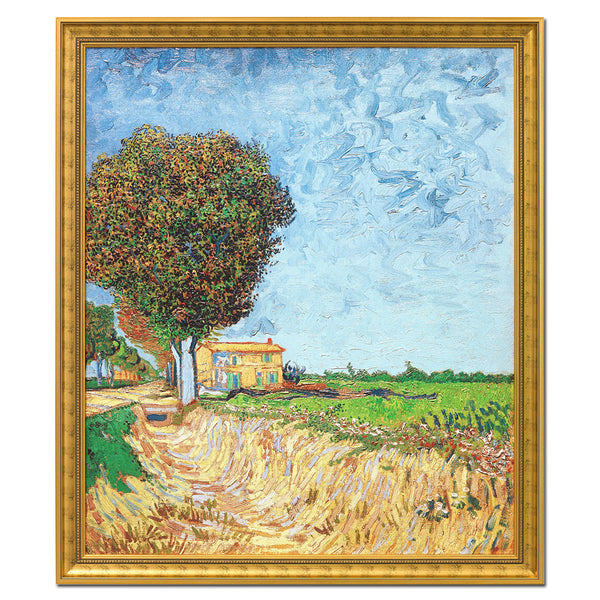 Gerahmtes Gemälde eines Landhauses, Baums und Feldern unter blauem Himmel im Van Gogh-Stil.