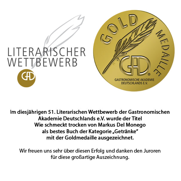 Goldmedaille-Logo und Text zum Gewinn des 51. Literarischen Wettbewerbs für das beste Buch der Kategorie Getränke.