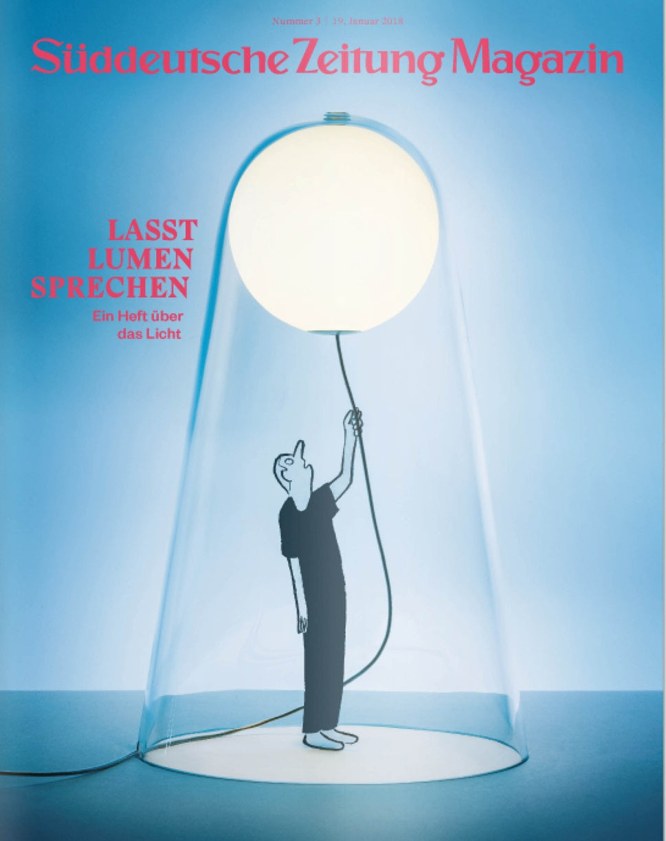 Illustration einer Person in einem Glas, die eine glühende Glühbirne mit der Aufschrift Lasst Lumen sprechen hält.