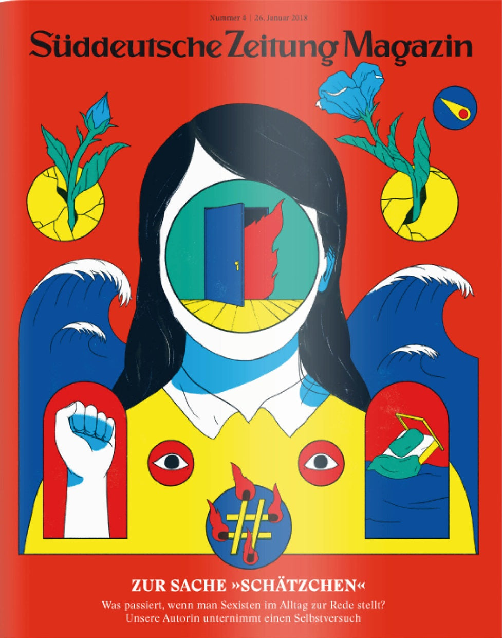 Abstrakte Illustration einer gesichtslosen Frau, Blumen und Symbole auf einem roten Umschlag des Süddeutsche Zeitung Magazins.