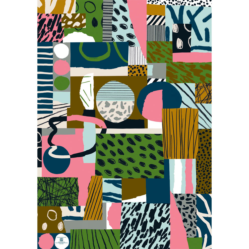 Farbenfrohe, abstrakte Collage aus verschieden gemusterten Rechtecken und Formen in Grün-, Blau-, Rosa- und Senftönen.