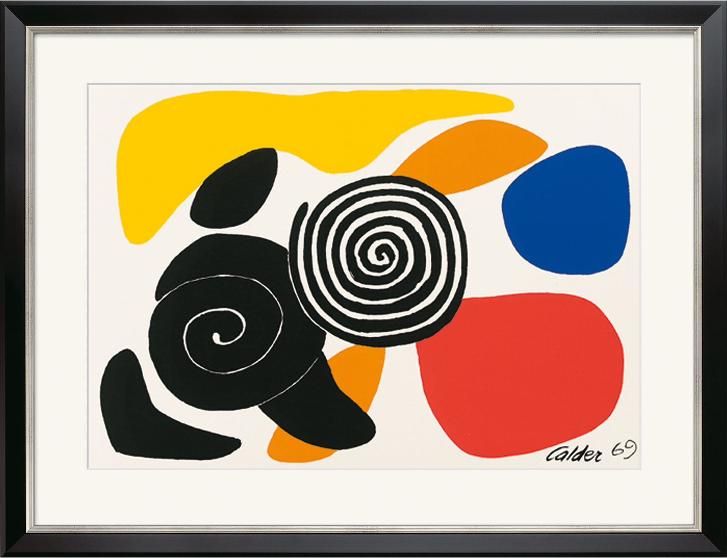 Abstrakte Kunst mit schwarzen Spiralen und Formen sowie gelben, orangefarbenen, roten und blauen Klecksen auf weißem Hintergrund.