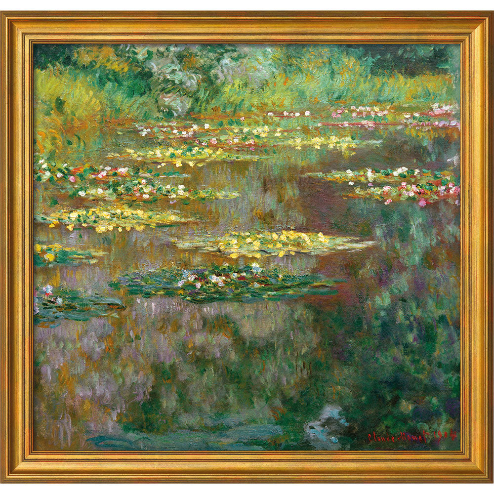 Impressionistisches Gemälde eines Teichs mit Seerosen und Grünpflanzen, in einem goldenen Rahmen.