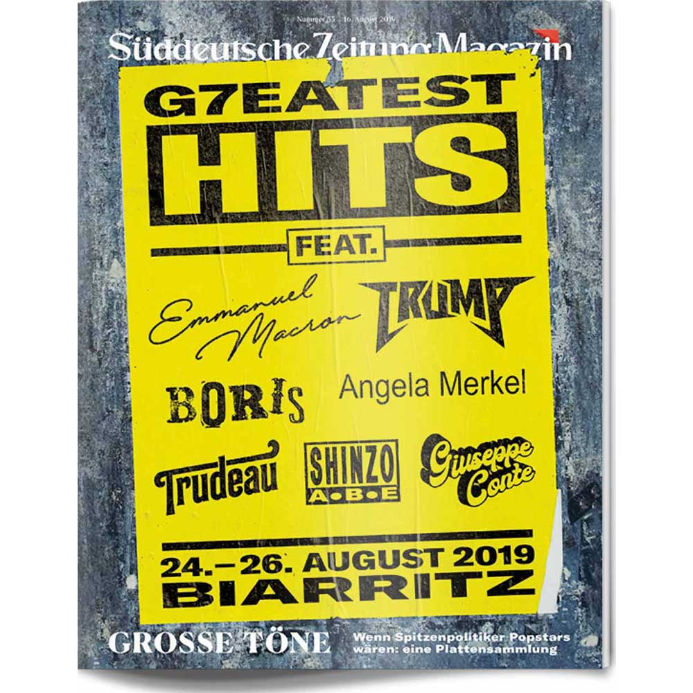 Titelseite eines Magazins mit einem gelben Plakat, auf dem die führenden Politiker der Welt als "Greatest Hits" für eine Veranstaltung 2019 in Biarritz aufgeführt sind.