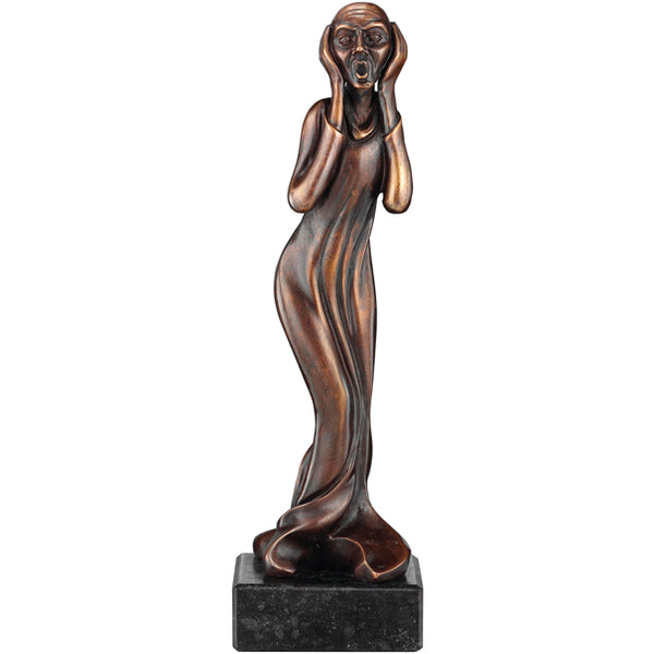 Bronzestatue inspiriert von Edvard Munchs „Der Schrei“ auf einem schwarzen rechteckigen Sockel.