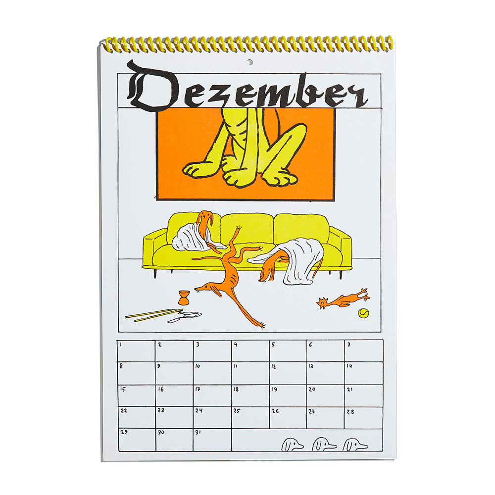 Illustrierter Dezemberkalender mit verspielten orangefarbenen Hunden und einem Sofa in einem kräftigen Farbschema aus Gelb und Orange.