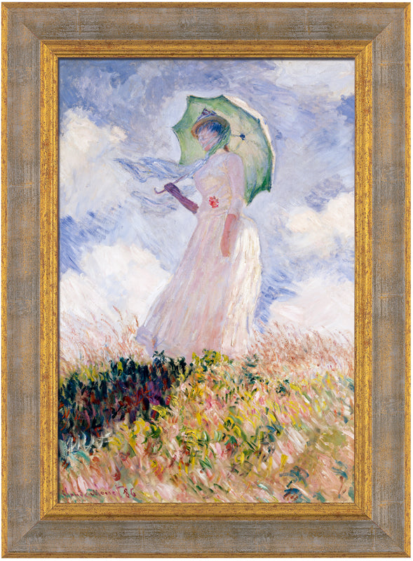Impressionistisches Gemälde einer Frau in Weiß, die einen grünen Regenschirm hält und unter einem bewölkten Himmel auf einem Feld steht.