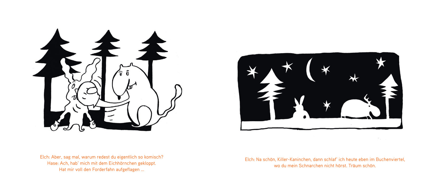Zwei Schwarzweißszenen: Ein Elch und ein Kaninchen unterhalten sich und schlafen dann unter einem Nachthimmel mit Bäumen und Sternen.