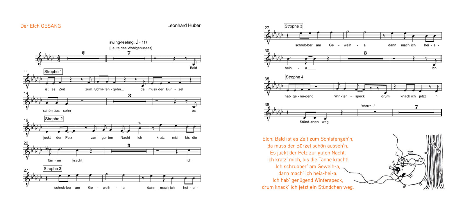 Noten und deutscher Text für „Der Eich Gesang“ mit einer Strichzeichnung eines Eichhörnchens auf der rechten Seite.