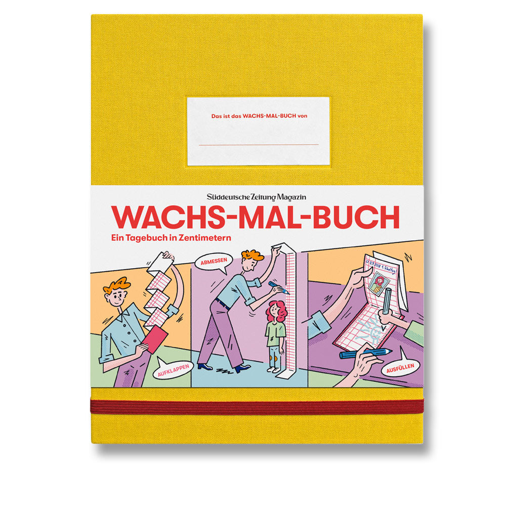 Gelbes „WACHS-MAL-BUCH“-Tagebuch mit Cartoon-Illustrationen von Menschen, die ihr Wachstum messen, auf dem Cover.