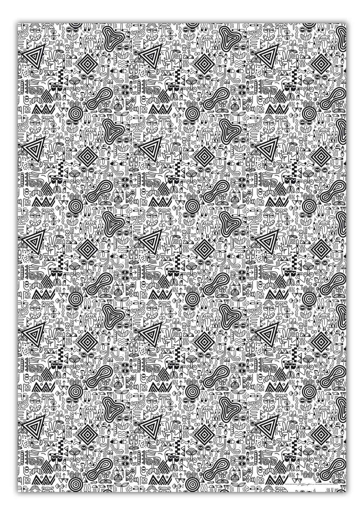 Schwarz-weißes abstraktes geometrisches Muster mit sich wiederholenden Dreiecken, Kreisen und Zickzacklinien auf weißem Hintergrund.