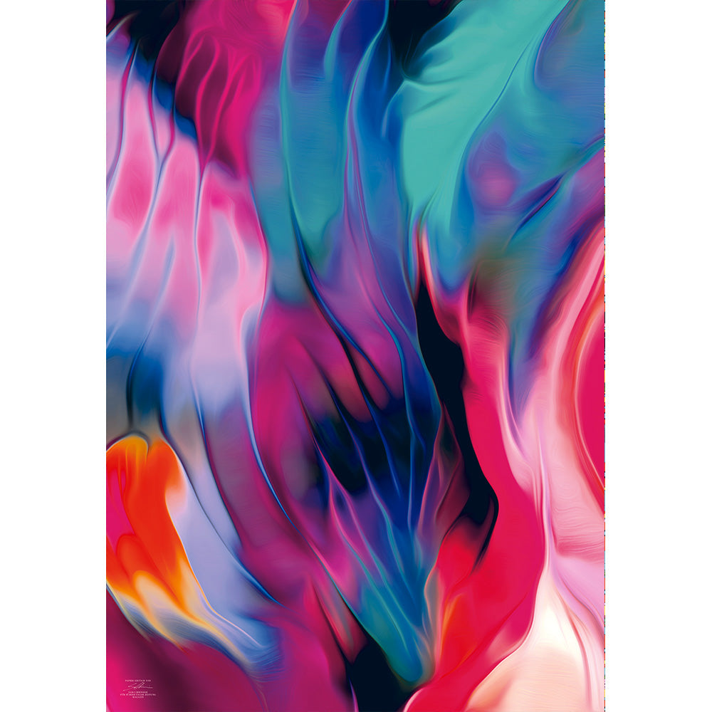 Abstrakte digitale Kunst mit lebendigen Wirbeln aus Rosa, Blau, Lila und Orange, die fließend ineinander übergehen.