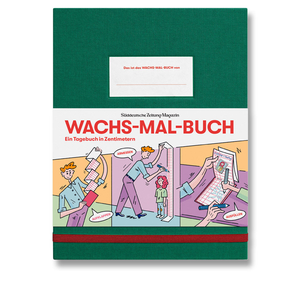 Ein grünes Buch mit dem Titel WACHS-MAL-BUCH mit abgebildeten Personen, die eine Messlatte messen und markieren.