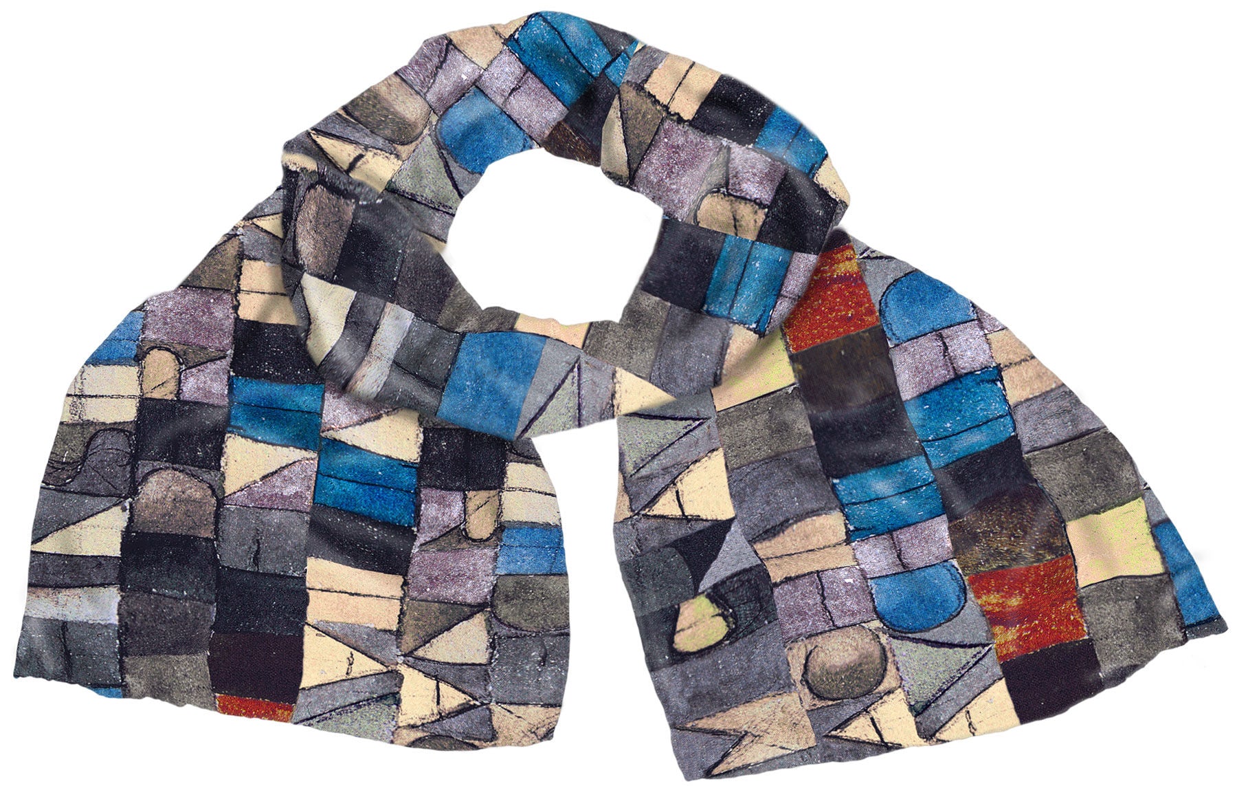 Ein farbenfroher Schal mit geometrischem Patchworkmuster in Blau-, Grau-, Beige- und Rottönen.