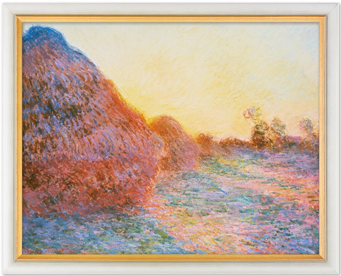 Impressionistisches Gemälde von Heuhaufen bei Sonnenuntergang, mit leuchtenden Farben und weichen, verschwommenen Pinselstrichen.