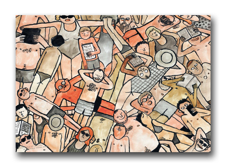 Cartoonartige Illustration von Menschen, die eng beieinander an einem überfüllten Strand sonnenbaden und entspannen.