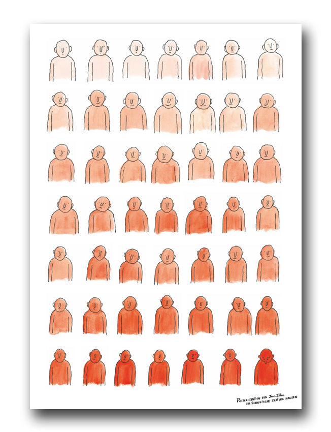 Reihen einfacher Cartoonfiguren, deren Farbe allmählich von Hellpfirsich zu Dunkelrot wechselt, wobei eine leuchtend rote Figur hervorgehoben wird.