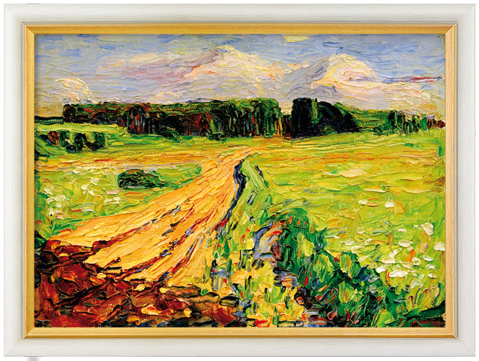 Gerahmtes Gemälde eines gewundenen gelben Pfades durch ein grünes Feld mit Bäumen in der Ferne und einem blauen Himmel.