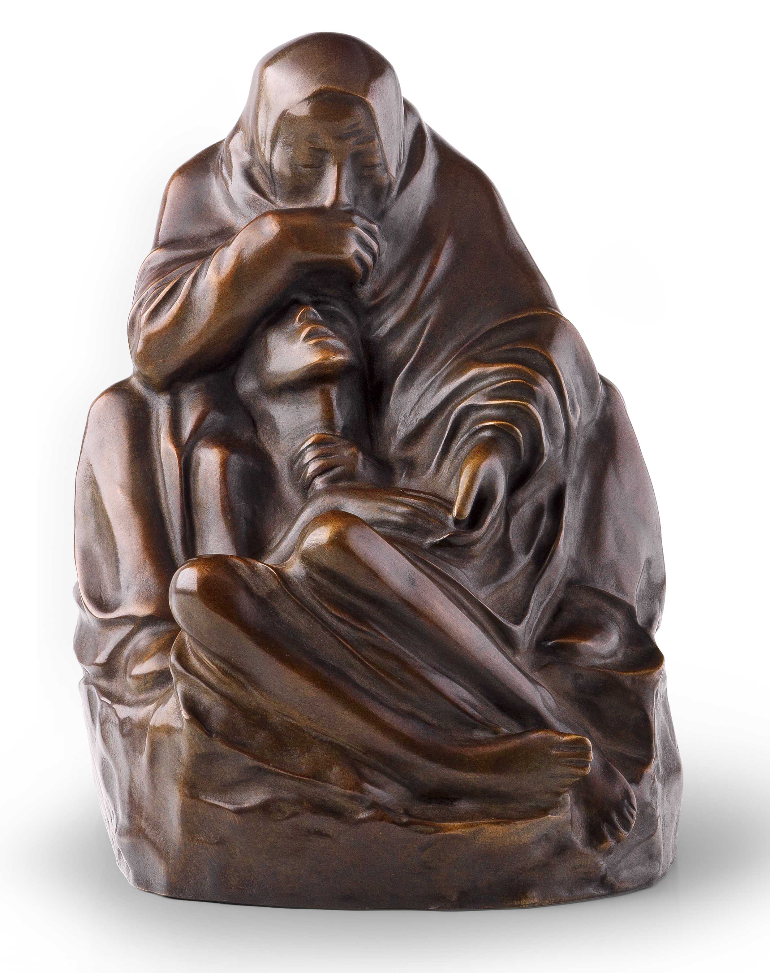 Bronzeskulptur einer vermummten Gestalt, die eine schlaffe, liegende Person auf ihrem Schoß hält.