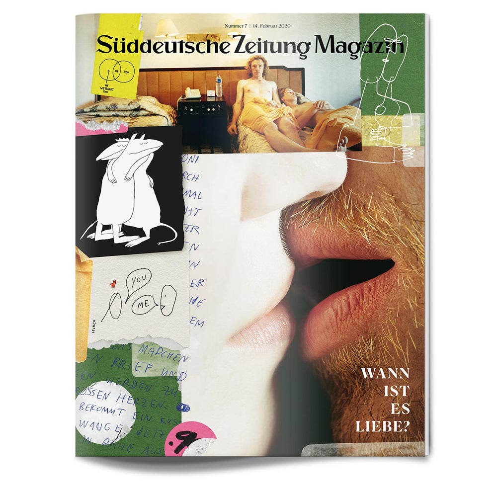 Collage aus Zeichnungen, handschriftlichen Notizen und einer Nahaufnahme von zwei Menschen, die sich küssen, mit deutschem Text.