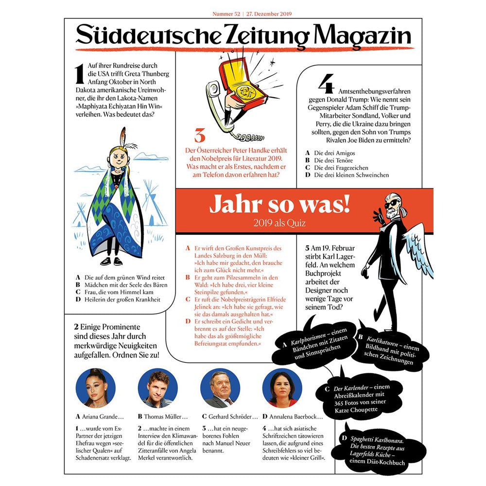 Eine farbenfrohe Magazinseite enthält die wichtigsten Nachrichten für 2019, Cartoon-Illustrationen und ein Multiple-Choice-Quiz.