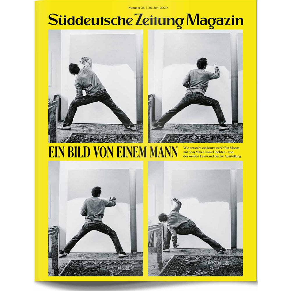 Vier Schwarz-Weiß-Fotos eines Mannes, der eine Wand bemalt, erscheinen auf einem gelben Umschlag des Süddeutsche Zeitung Magazins.