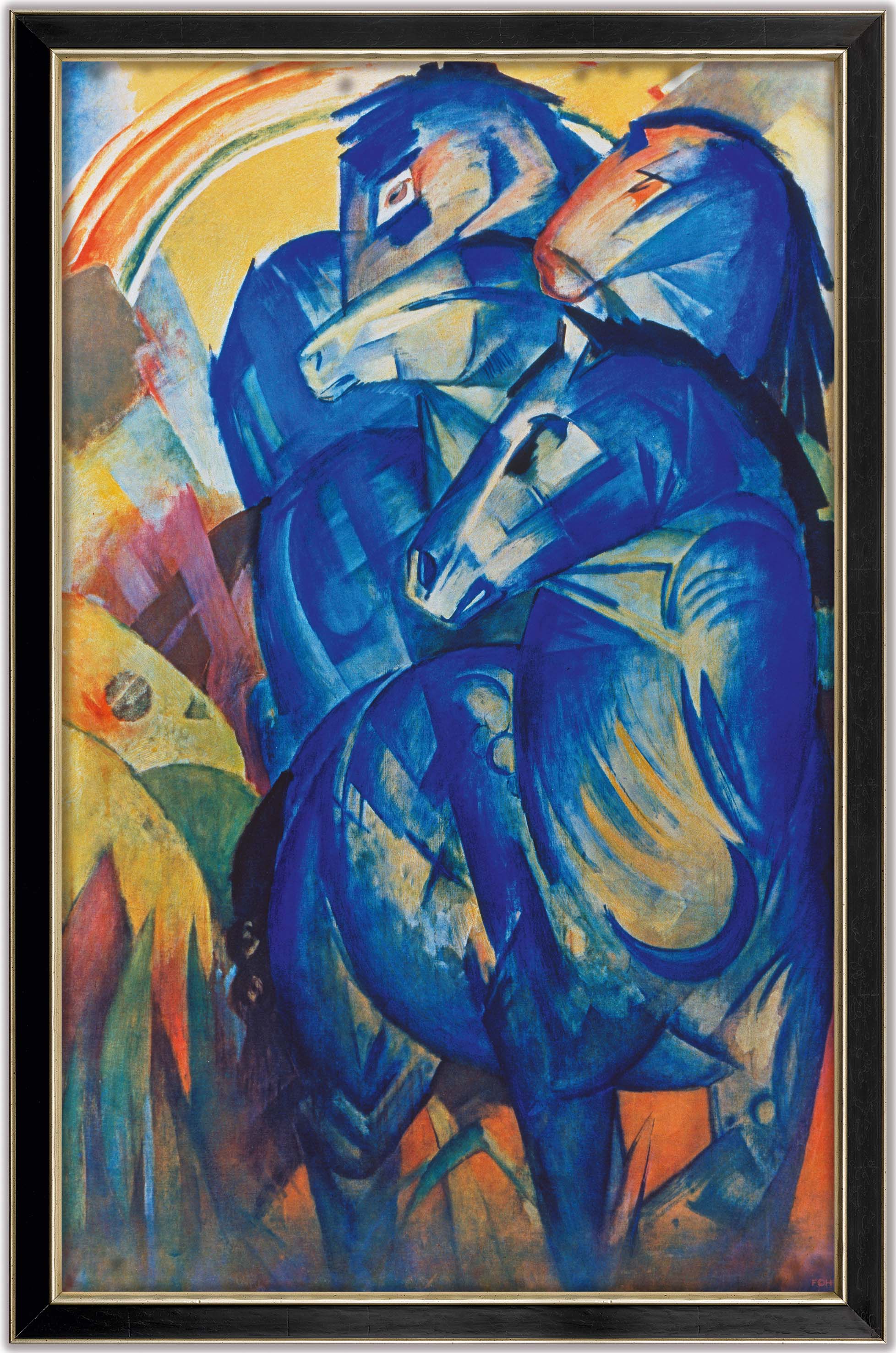 Drei abstrakte blaue Pferde stehen zusammen unter einem Regenbogen in einem farbenfrohen, expressionistischen Gemälde.