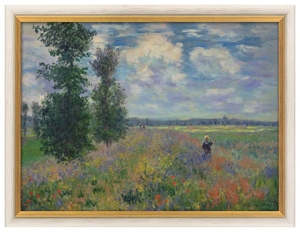 Impressionistisches Gemälde einer Frau in einem Blumenfeld unter einem teilweise bewölkten Himmel, in Holz gerahmt.