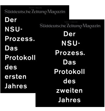 Zwei schwarze Magazinumschläge mit deutschem Text über die NSU-Protokolle des ersten und zweiten Jahres.