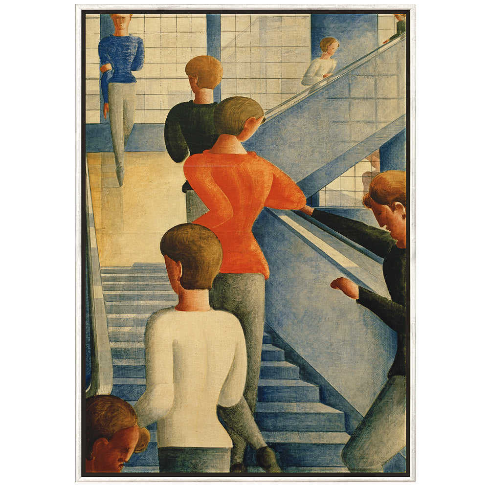 Stilisiertes Gemälde von sechs Personen, die auf blauen und weißen Treppen gehen, mit geometrischem Hintergrund und gedämpften Farben.
