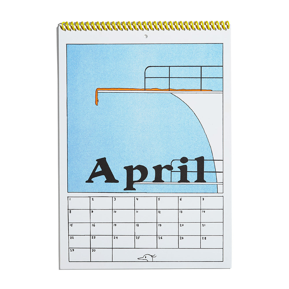 Illustriertes Kalenderblatt für April mit einem Sprungbrett vor blauem Himmel.