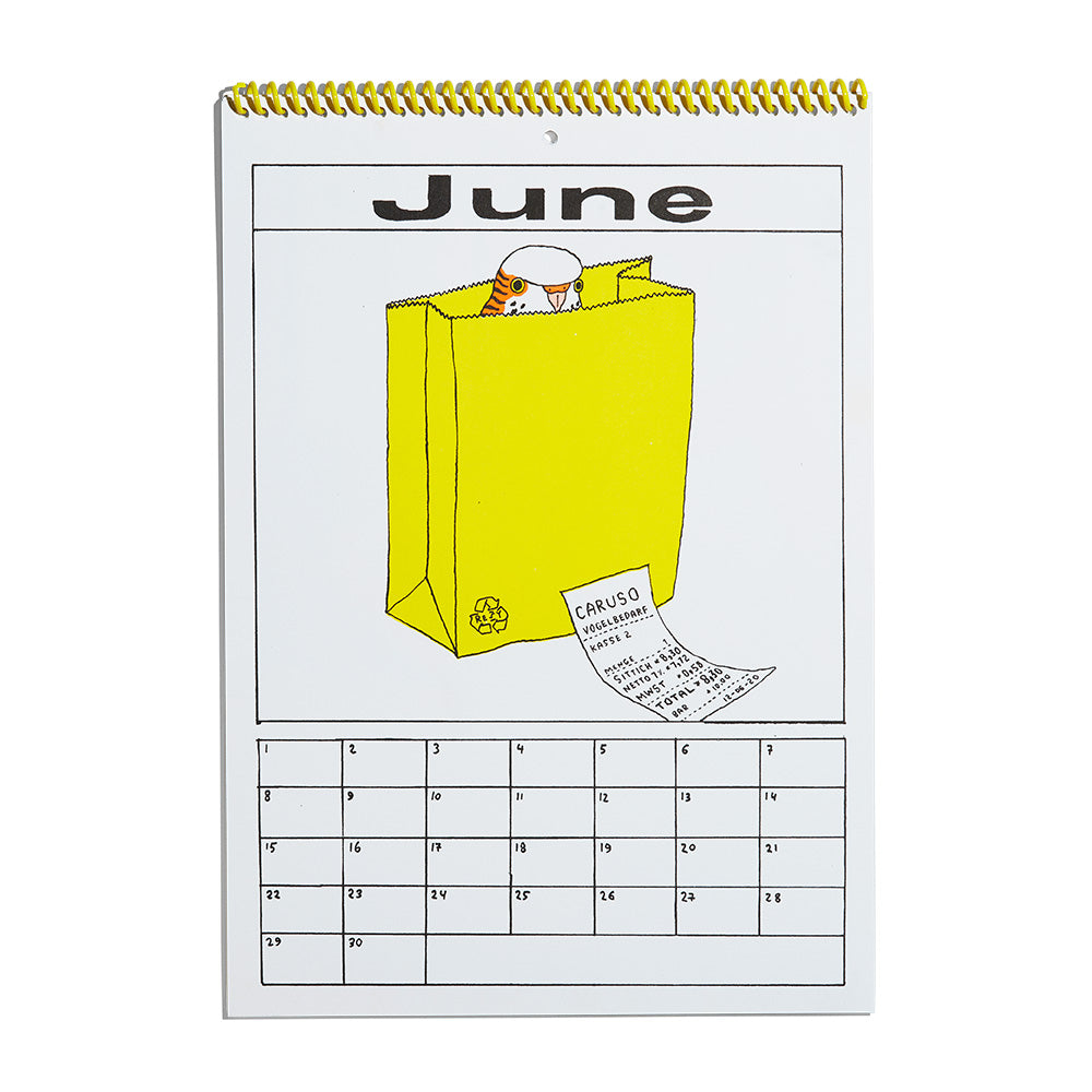 Eine Kalenderseite für Juni mit einer gelben Einkaufstüte, einem Kassenbon und einer Dose darin, über den Daten abgebildet.